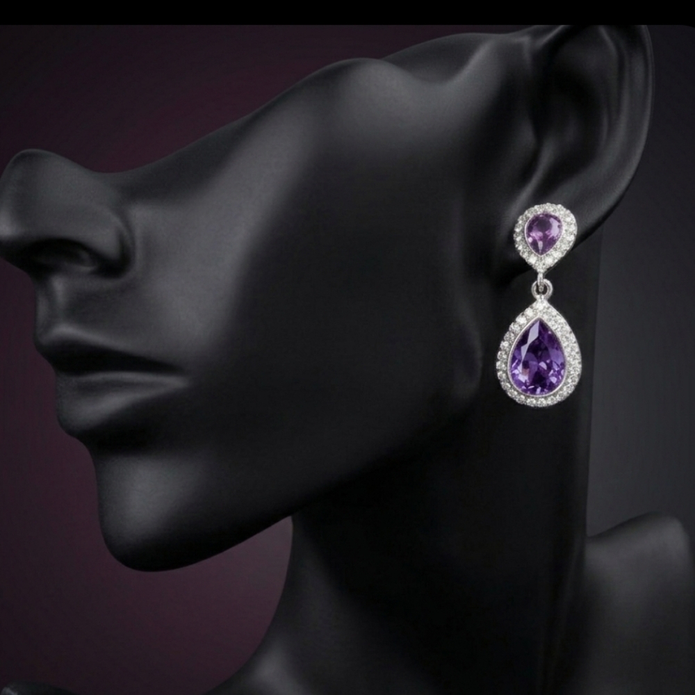 Vintage 80s Monet Purple Teardrop Earrings - Picture 2 of 4